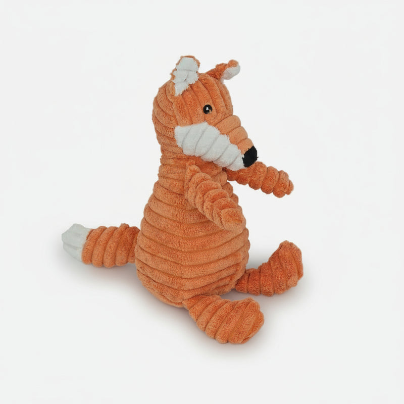 Soft plush fox dog toy made from durable corduroy fabric with a built-in squeaker for interactive indoor play.