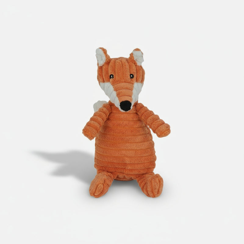 Soft plush fox dog toy made from durable corduroy fabric with a built-in squeaker for interactive indoor play.